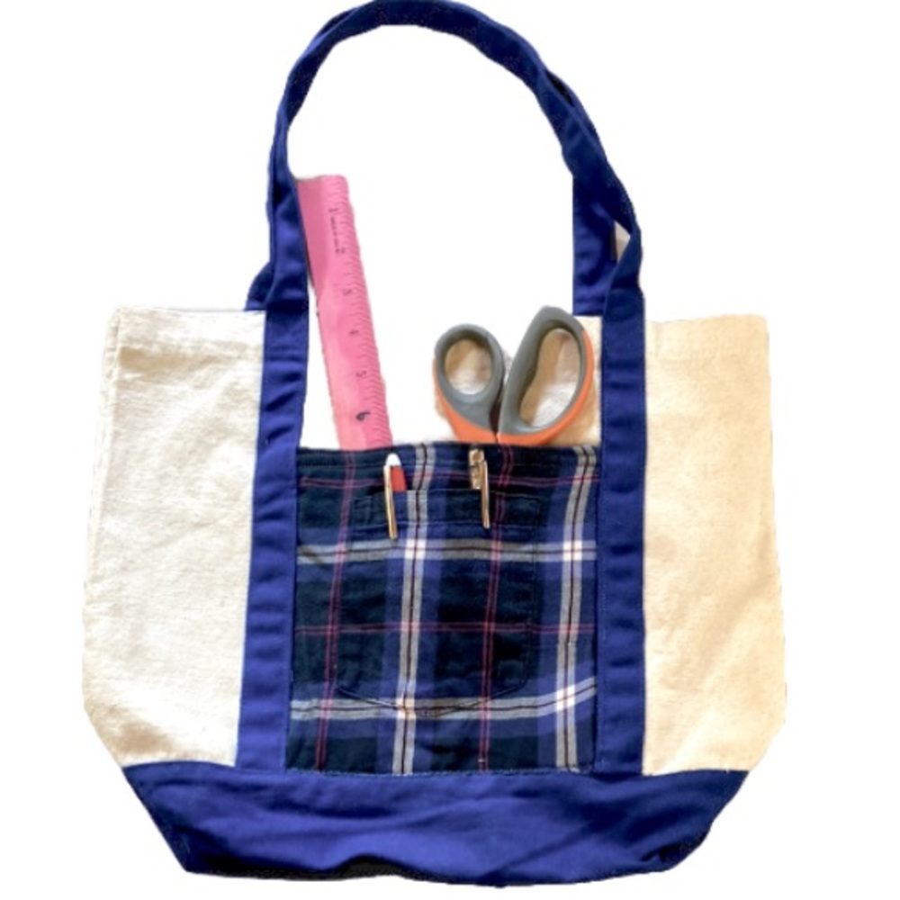 Canvas Tote Book Bag Plaid Double Pocket Shoulder Straps 14.5 x 13 x 5 inches